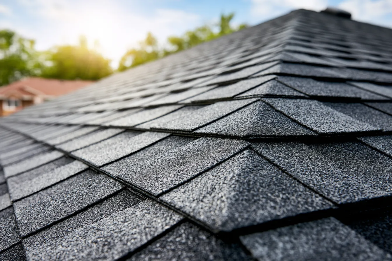 Charcoal architectural shingles rising toward a ridge from a low angle